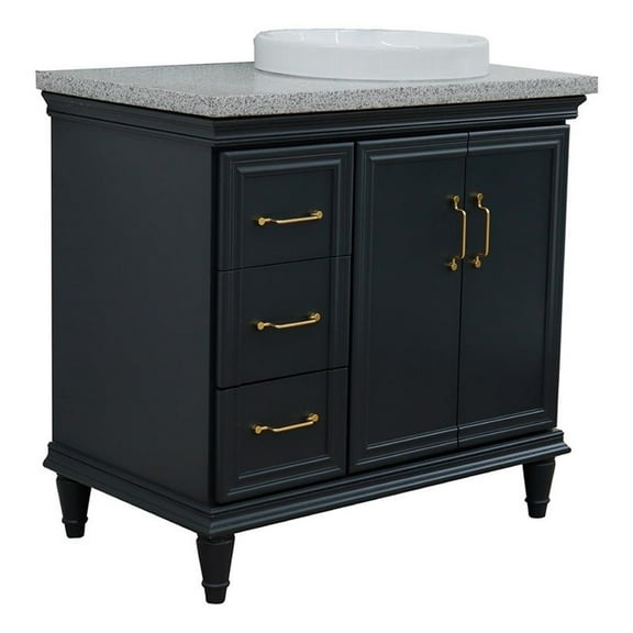 37 in. Single Wooden Vanity  Dark Gray Gray Granite Round Right Door.Right Sink