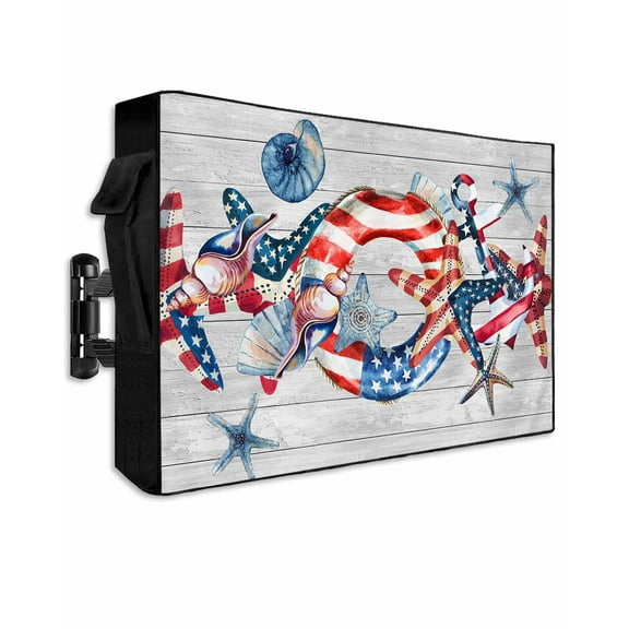 4th of July Outdoor TV Cover 30 to 32 Inch Weatherproof, Independence Day Star Red Blue Vintage 600D Oxford TV Covers with Waterproof Zipper, Outside Flat TV Screen Protector Size 30"W x 19"H x 4.5"D
