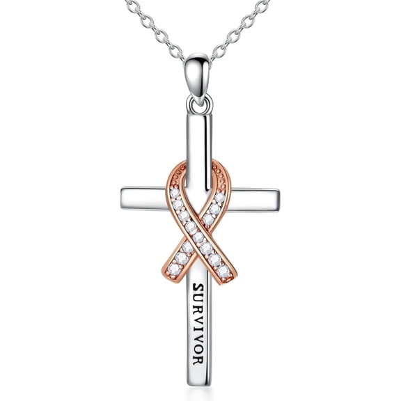 Dorunmo Breast Cancer Survivor Necklace Pink Ribbon Cross Necklace 925 Sterling Silver Awareness Survivor Jewelry Gifts for Women (April Birthstone)