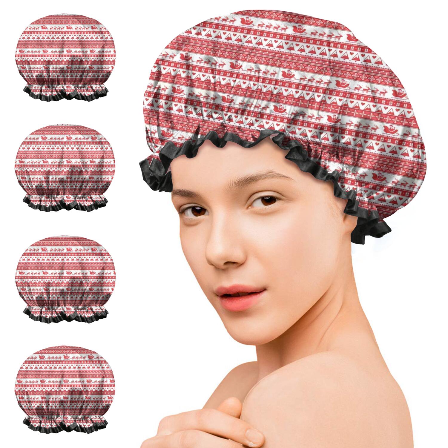 Shower Caps,Red Christmas Striped Pattern (2) Waterproof Shower Cap for Women 4 Pieces,Double Reusable Hair Cover for Shower PEVA Elastic Stretch Hem