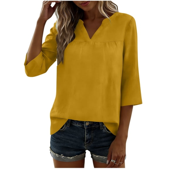 UAMVSH Linen Shirts for Women 3/4 Sleeve Tunic Tops Casual Soft Cotton V Neck Loose Fit Blouses Beach Vacation Outfits