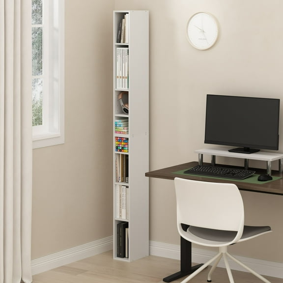 Furinno Fulda 8-Tier Space Saving Storage Shelf Bookcase, 6-Inch Width, White