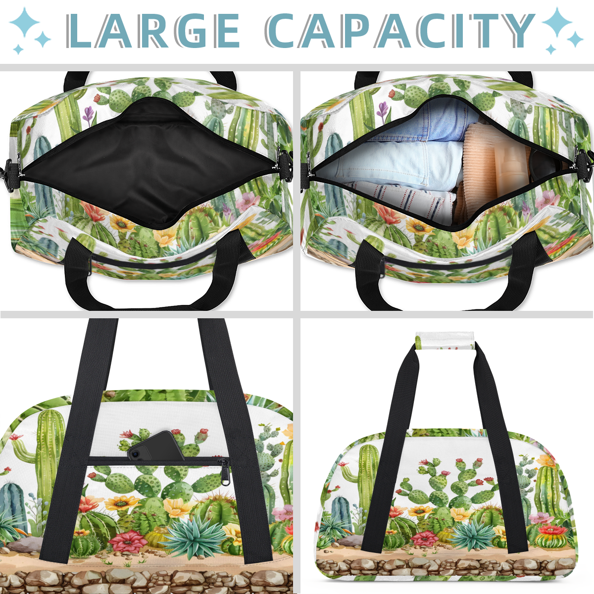 Herdesigns Sports Duffle Bags Travel Duffle Bag Gym Bag Cactus Floral Weekender Travel Bag Waterproof Overnight Bag Carry On Travel Tote Bag Dance Bags