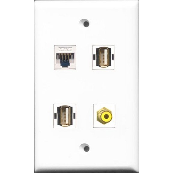 RiteAV 1 Port RCA Yellow 2 Port USB A-A and 1 Port Cat5e Ethernet White Wall Plate