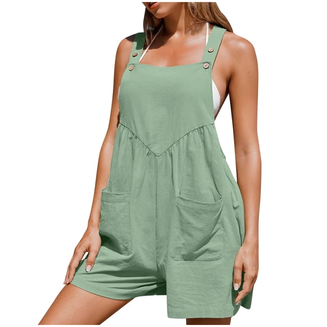 AherBiu Women's 2X-Large Summer Short Overalls with Pockets, Square Neck, Sleeveless