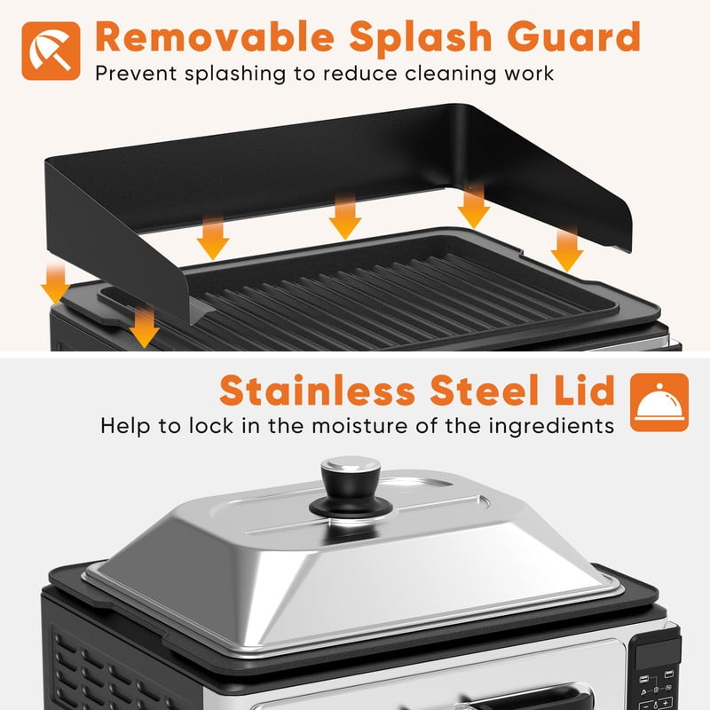 Gianna Electric Grill Indoor for Steak and Veggies, Smokeles Griddle with Lid for Kitchen Cooking, Countertop Oven Includes Temp Control/Grill Plate/Splash Guard/Crumb Tray, Silver