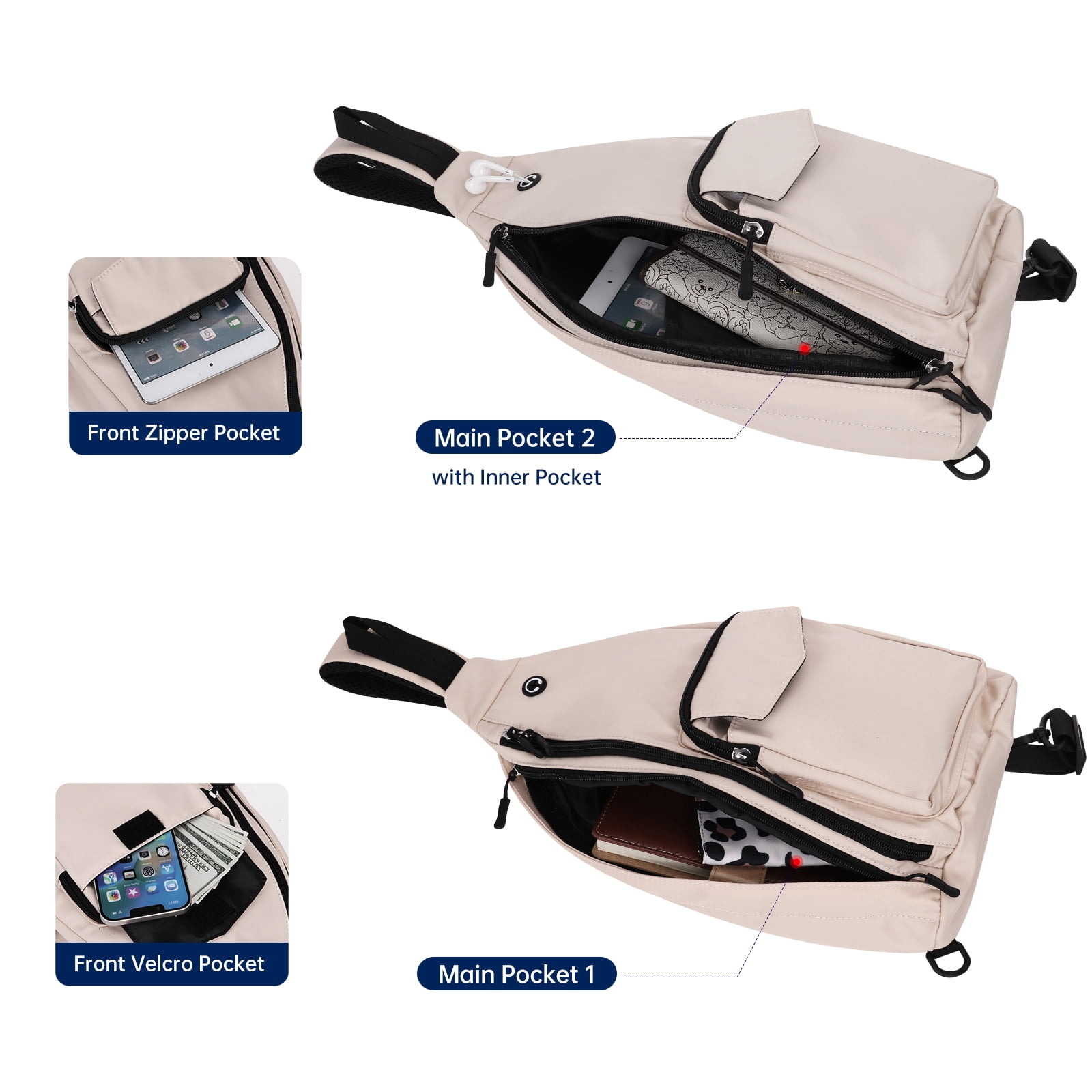 HAWEE Convertible Chest Bag Casual Daypack for Outdoor Cycling Hiking Travel Sling Backpack Crossbody Shoulder Purse for Women, Beige