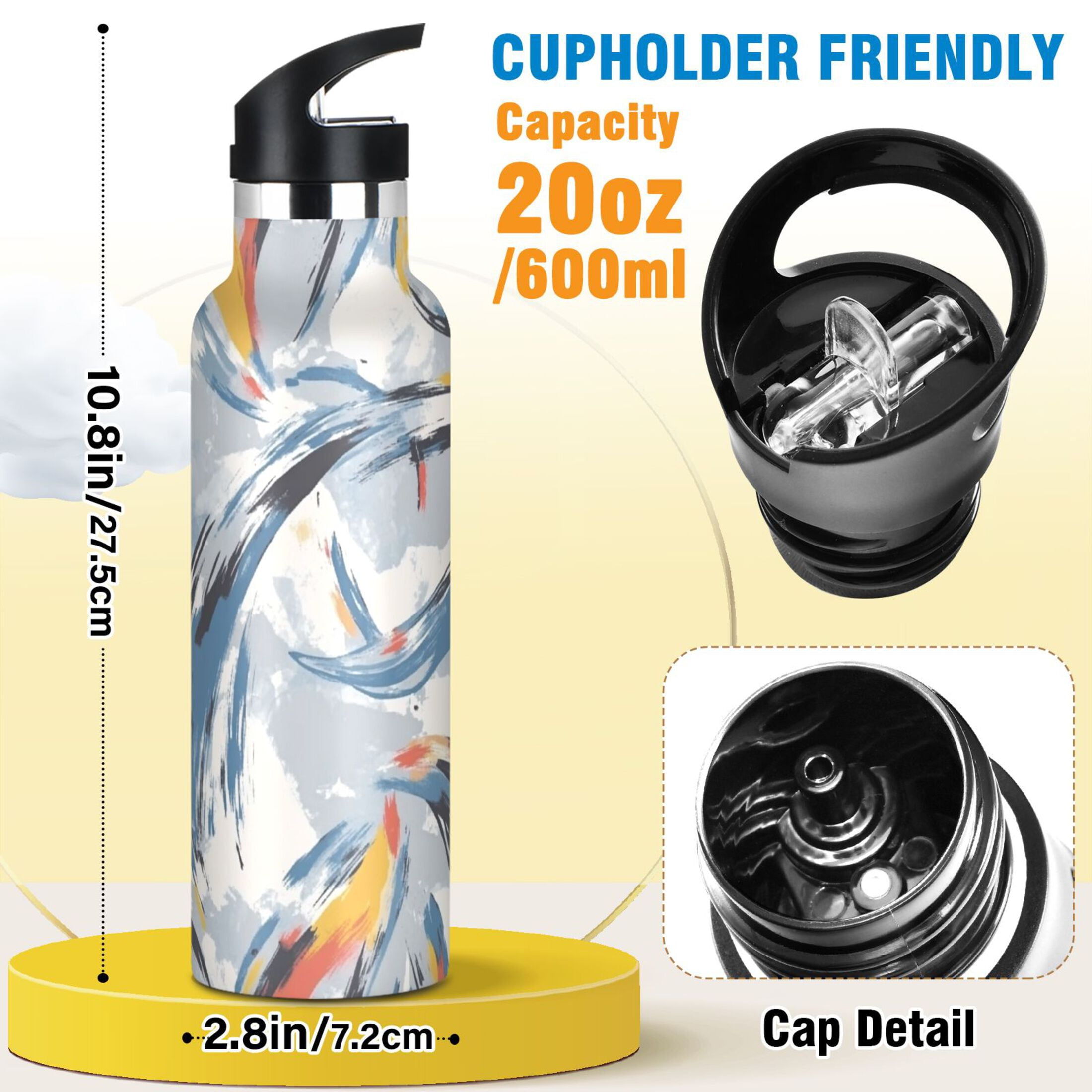 Kids Insulated Stainless Steel Sports Water Bottle 600ml (20oz) Gray Brush Strokes
