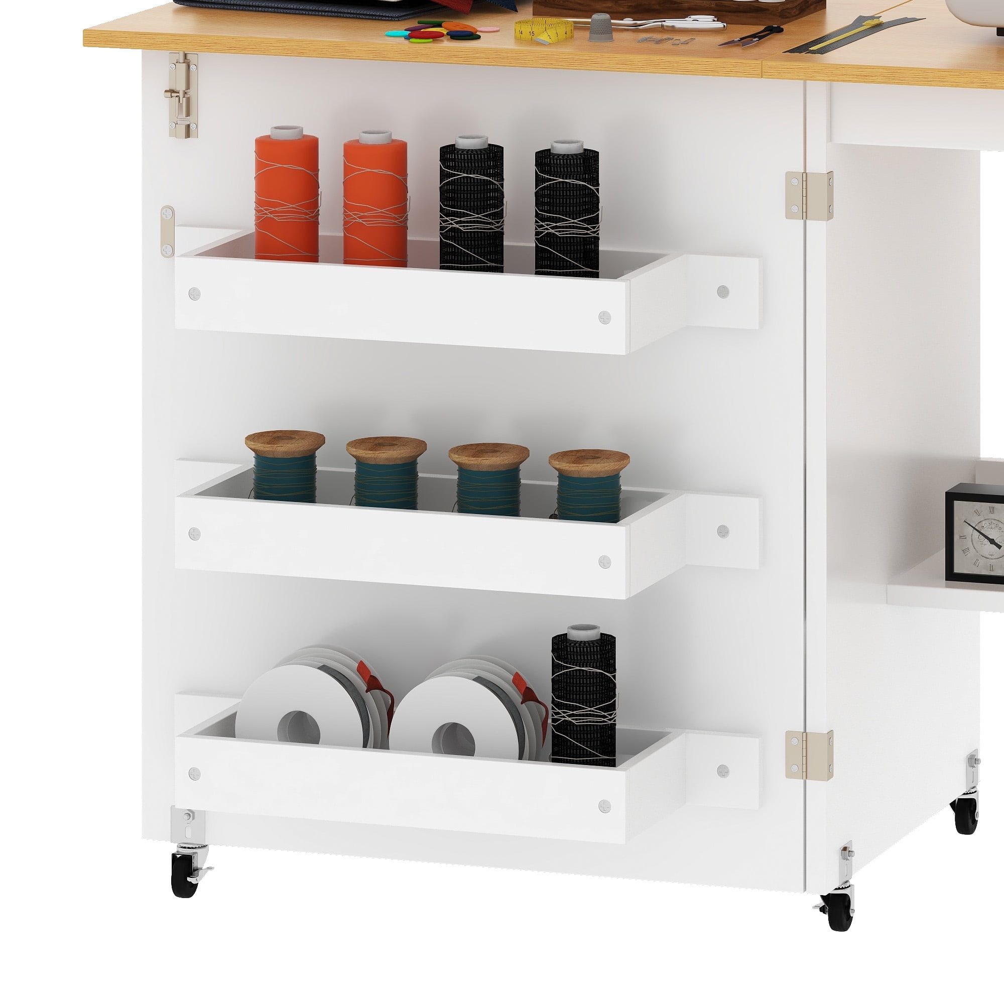 Craftian White Folding Sewing Craft Table with with Charging Station,Storage Shelves Cabinet Lockable Wheels