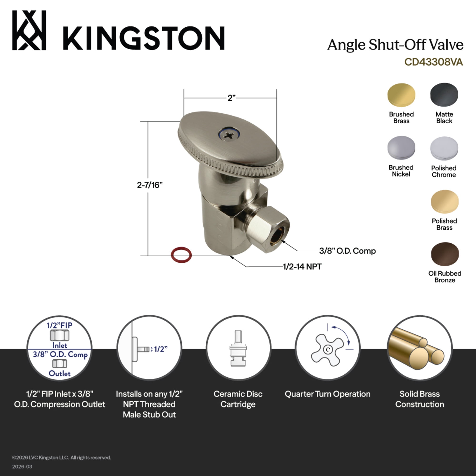 Kingston Brass CD43300VA 1/2-Inch FIP x 3/8-Inch O.D. Anti-Seize Deluxe Quarter-Turn Ceramic Hardisc Cartridge Angle Stop in Matte Black
