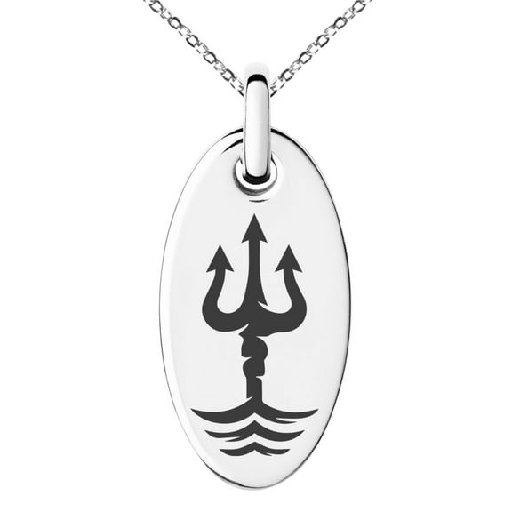 Tioneer Stainless Steel Poseidon Greek God of Sea Engraved Small Oval Charm Pendant Necklace