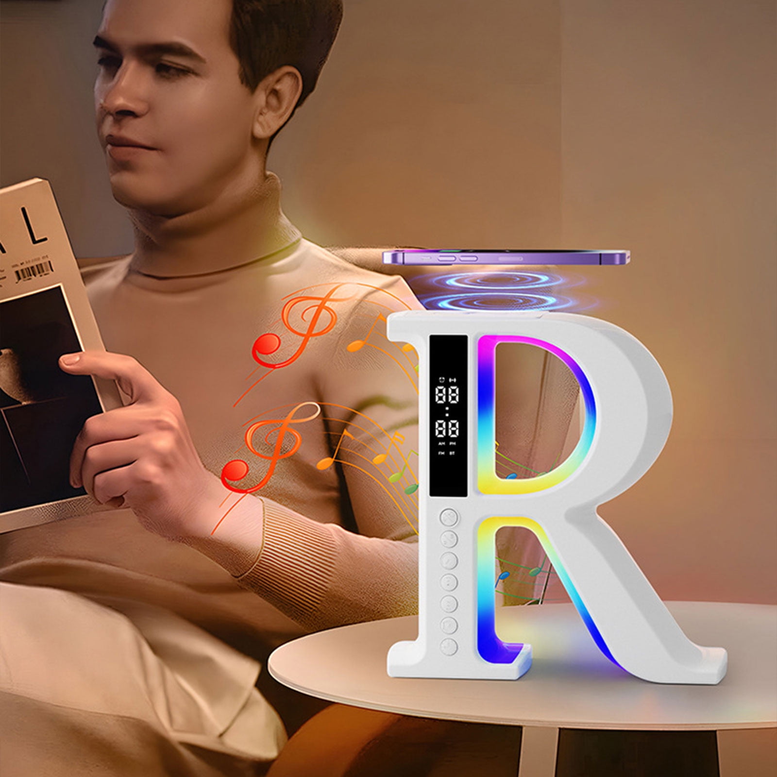R Shaped Bluetooth Desktop Speaker, Wireless Audio Speaker With Mood Light, Wireless Charging Speaker Clock, Lyrics Subtitle Display Speaker, Multifunctional Desktop Music Speaker