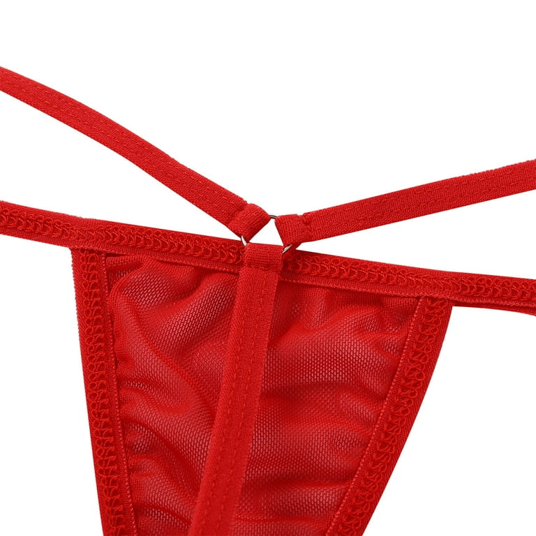 YONGHS Women's Mesh See Through Tie-Side Micro Mini Thong T-Back Low Rise  G-String Panty Underwear Red One Size
