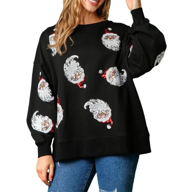 Lucakuins Sudadera con cuello redondo para mujer, holgada, con estampado de lentejuelas de Papá Noel, manga larga, para Navidad Lucakuins moda