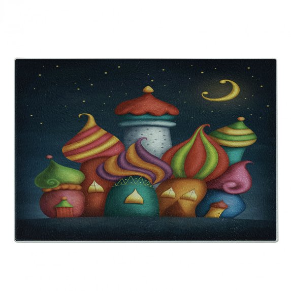 Fantasy Cutting Board, Oriental Style Castles Under Starry Sky Playroom Graphic, Decorative Tempered Glass Cutting and Serving Board, Small Size, Multicolor, by Ambesonne