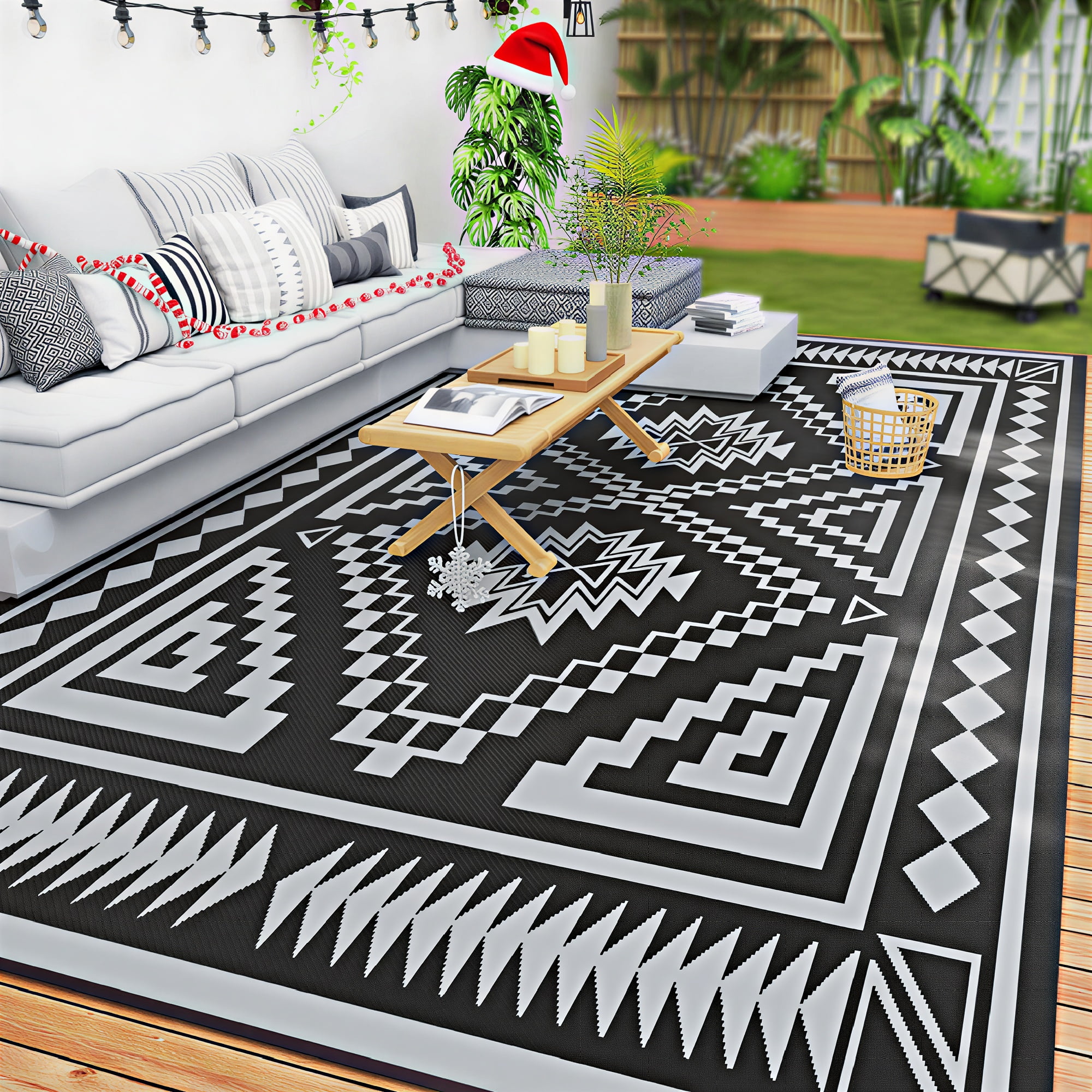 Outsunny Outdoor Patio Rug, Large Camping Carpet with Carrying Bag, 9' x 18' Waterproof Plastic Straw, Reversible, Black & Gray Square Patchwork