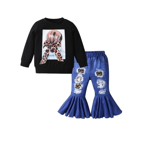 Toddler Baby Girl Clothes Cartoon Pattern Long Sleeve Tops Bell-bottom Jeans Outfits Set 18-24 Months