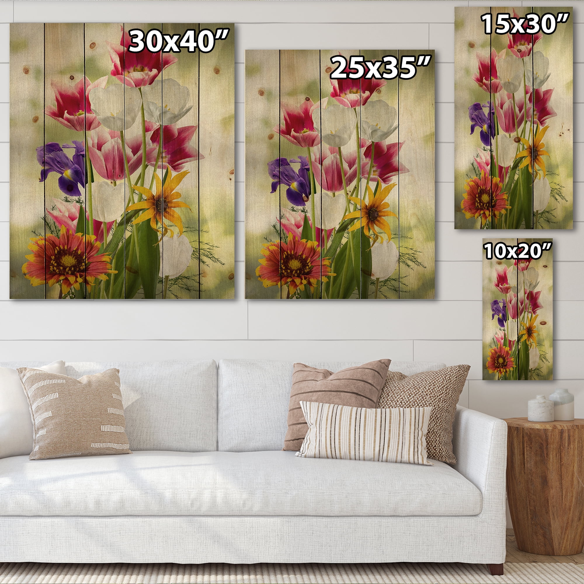Designart 'Vibrant Purple Red and Yellow Wildflowers' Traditional Print on Natural Pine Wood