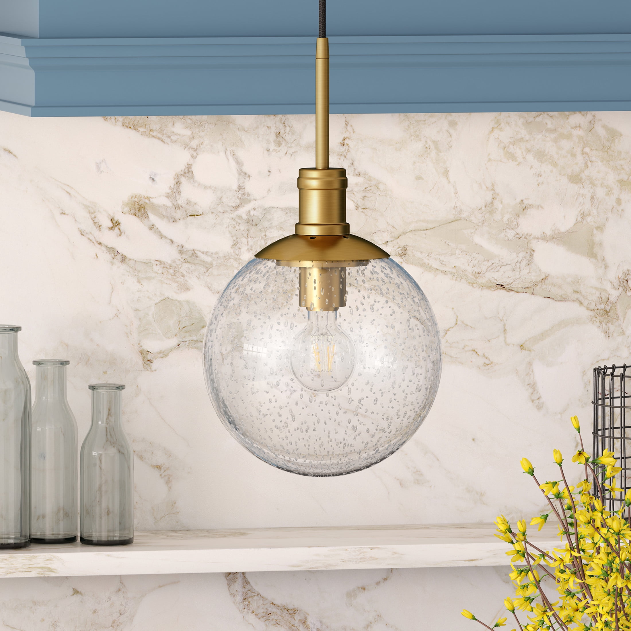 Evelyn&Zoe 9" Brass Metal/Glass Pendant