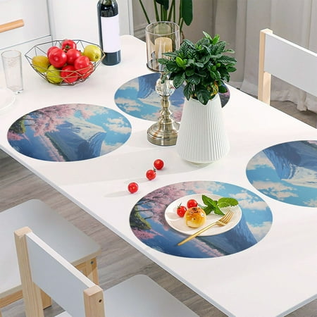 

Round Grid Placemat One Sizex4 Round Placemat PVC Plate Mat，15.4 Inch Non-Slip and Heat Resistant Table Placemat Dining Room Placemat Sakura Mount Fuji