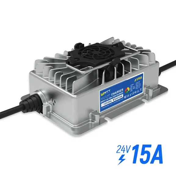 WattCycle 24V 15A Lithium LiFePO4 Battery Charger for 24V 100Ah LiFePO4 Lithium Battery, 29.2V 15A, Aluminum Shell