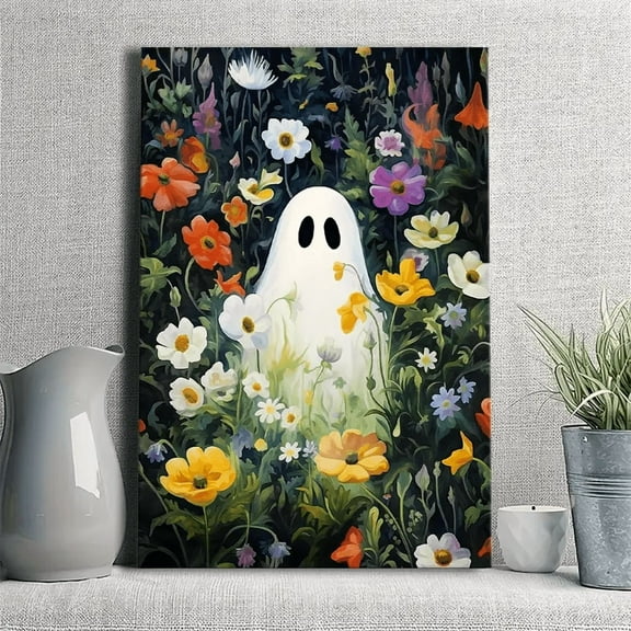 Vintage Floral Ghost Canvas Poster, Colorful Flowers Ghost Halloween Gift