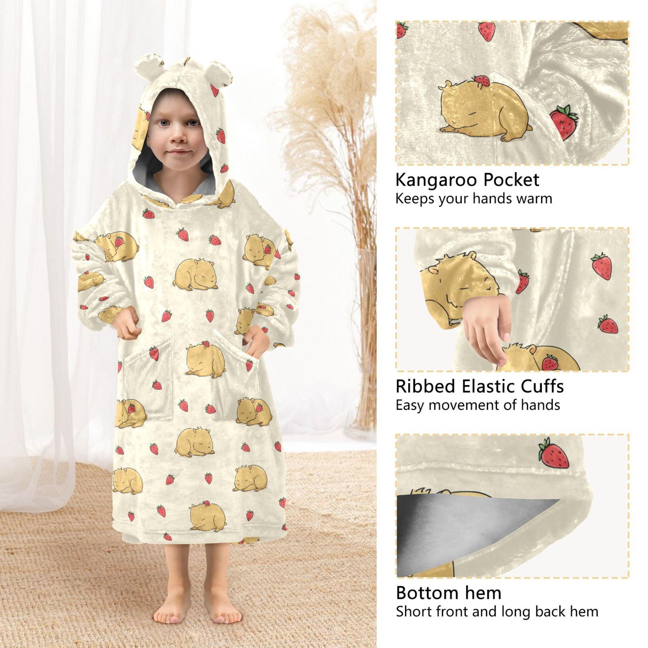 Wearable Blanket Hoodie for Kids Cute Guinea Pig and Strawberry Flannel Hooded Blanket with Pockets and Sleeves Suitable for Boys and Girls