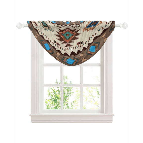 Waterfall Valances for Windows, Boho Southwest Kitchen Sheer Valance Curtains, Farmhouse Aztec Tribe Brown Blue Plaid Rod Pocket Elegant Swag Valances for Living Room Bedroom, 47.2"x38.5", 1 Panel