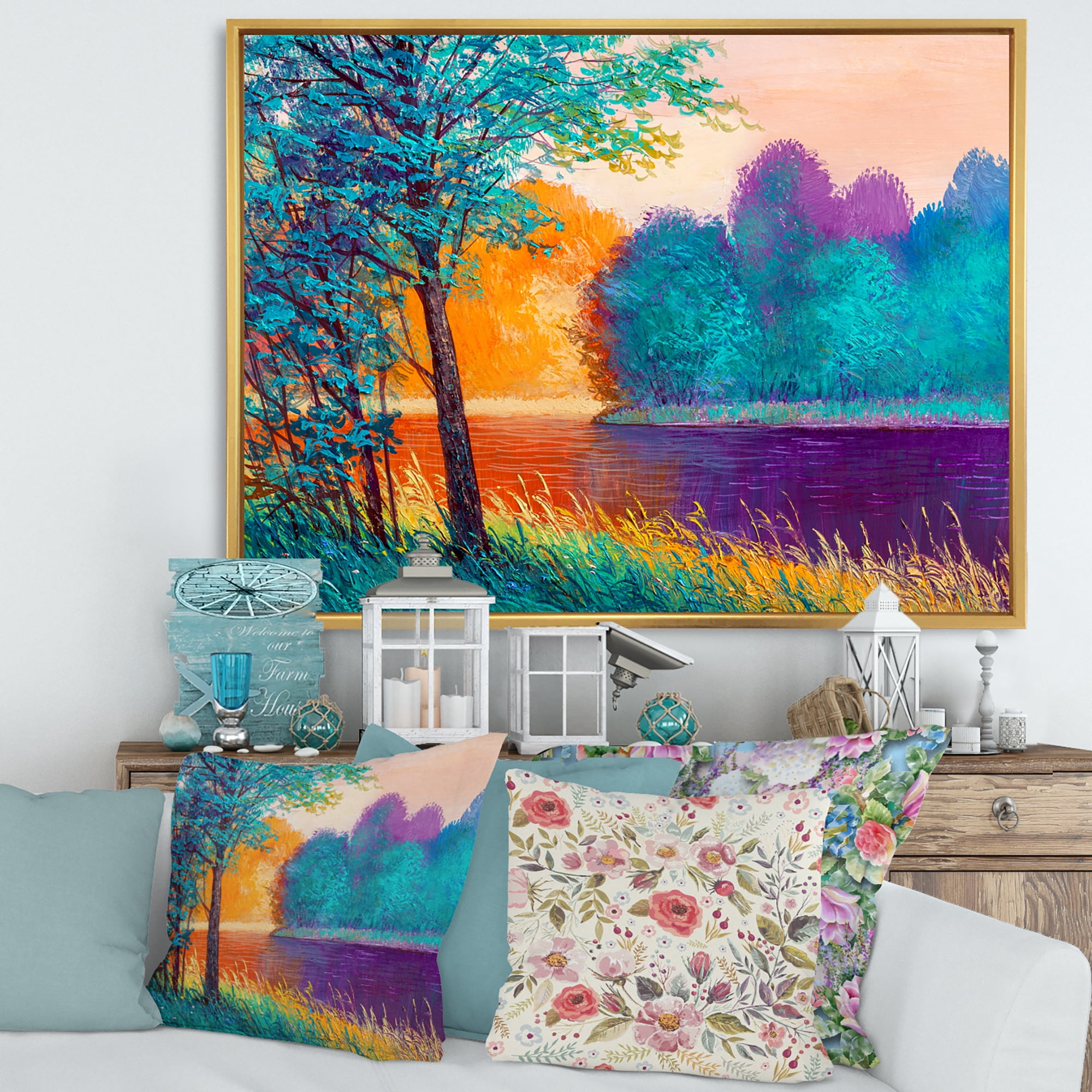 Designart 'Colorful Trees During Twilight Along River' Traditional Framed Canvas Wall Art Print