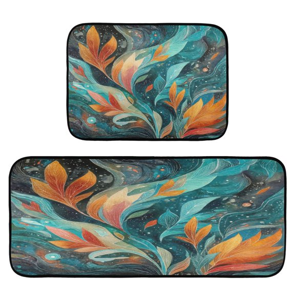 2-Piece Kitchen Mat Set Non Slip Washable Floor Mats Decorative Rugs for Kitchen Sink Laundry Abstract Leaves