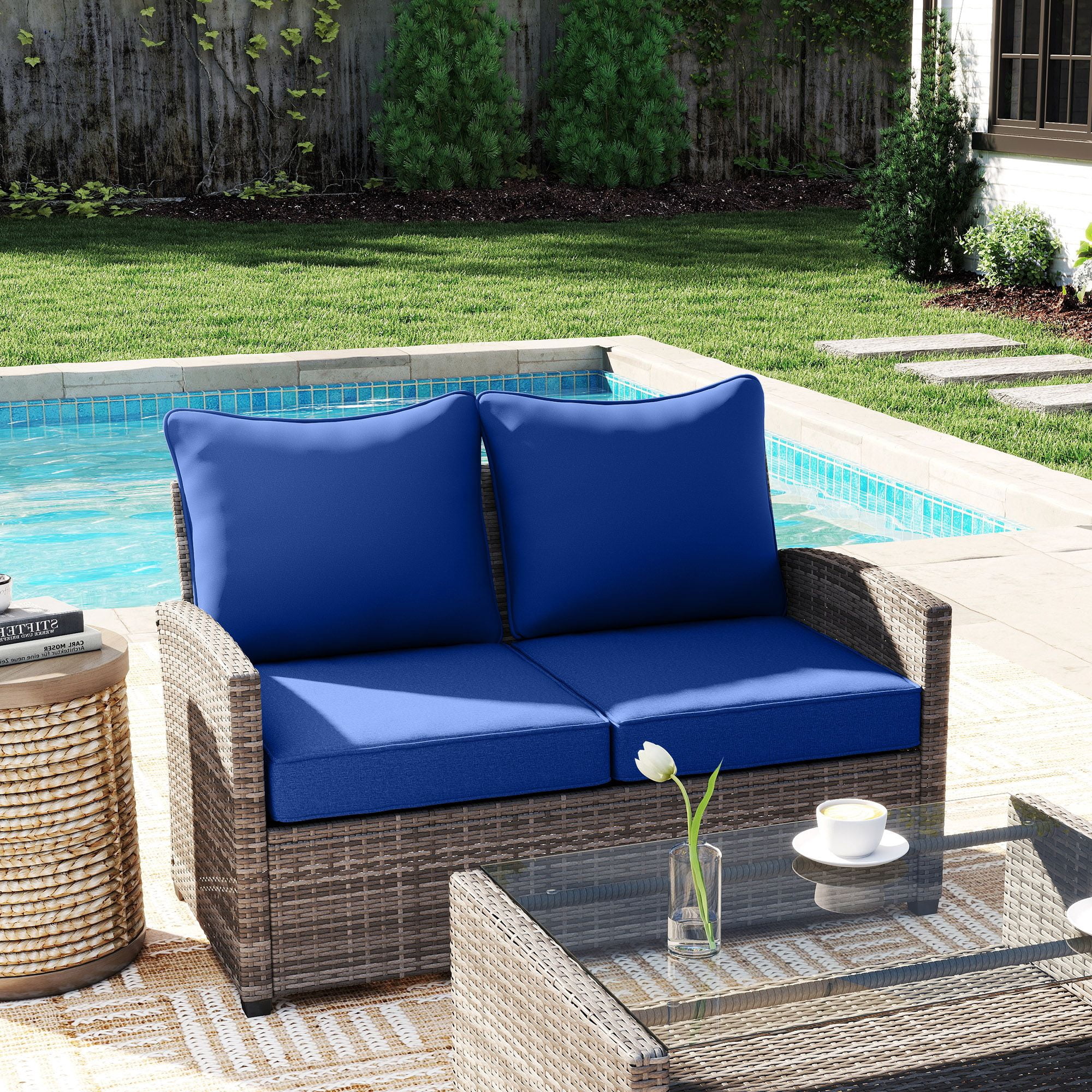 Outsunny Set of 2 Patio Chair Cushions with Seat & Backrest, Navy Blue Fade-Resistant Yarn-Dyed Fabric Replacement Cushions for Garden, Poolside, and Outdoor Lounge Chairs
