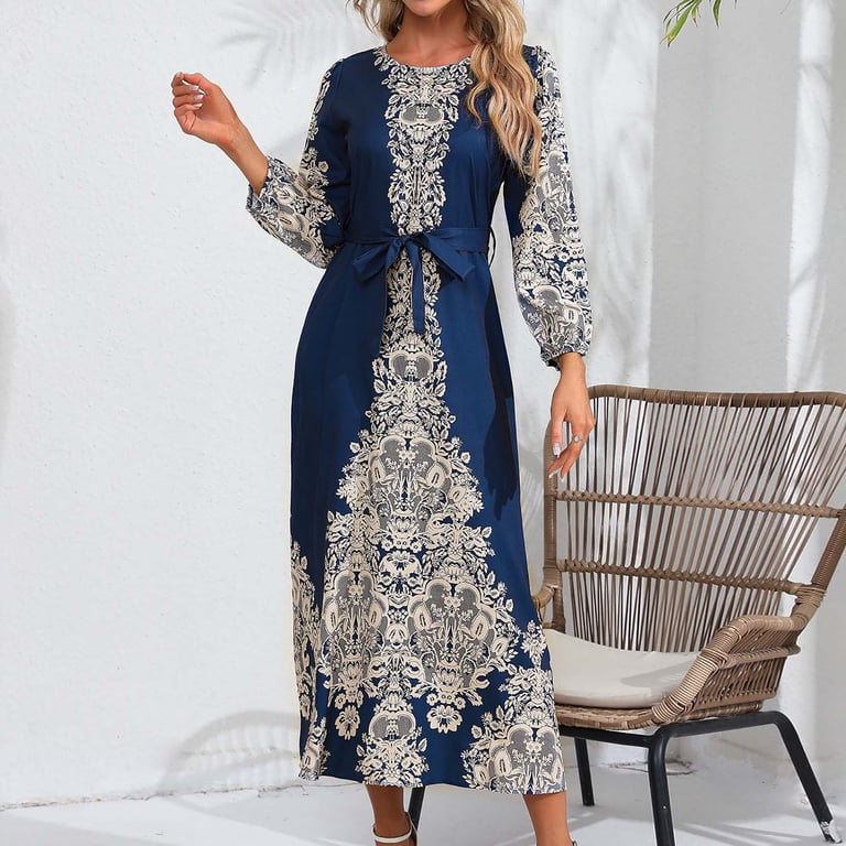 Qolati Boho Spring Dresses for Womens Vintage Ethnic Print Cocktail Party Long Dress with Belted Elegant Long Sleeve A Line Maxi Dresses, Women's, Qolati Boho Spring Dresses for Womens Vintage Ethnic Print Cocktail Party Long Dress with Belted Elegant Long Sleeve A Line Maxi Dresses, Women's,
