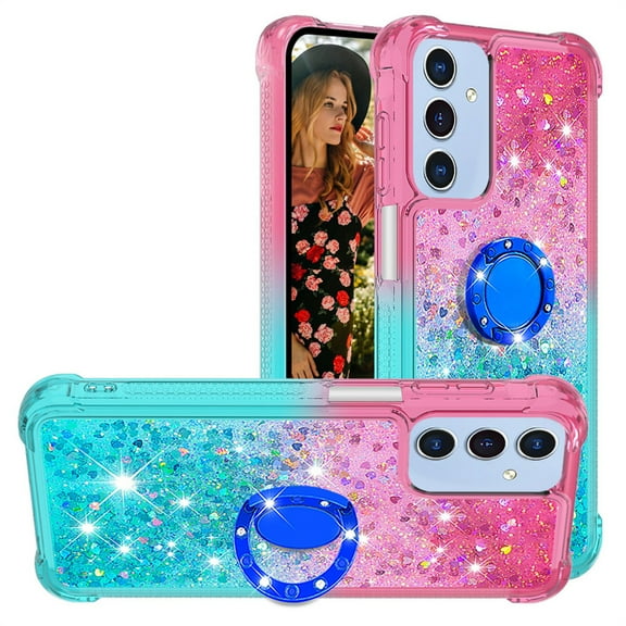 CCSmall for Samsung Galaxy A55 5G Clear Case Glitter for Girls Women, Liquid Sparkle Bling Cute Case with Ring Kickstand Gradient Quicksand Cover for Samsung Galaxy A55 5G JB Powder Blue