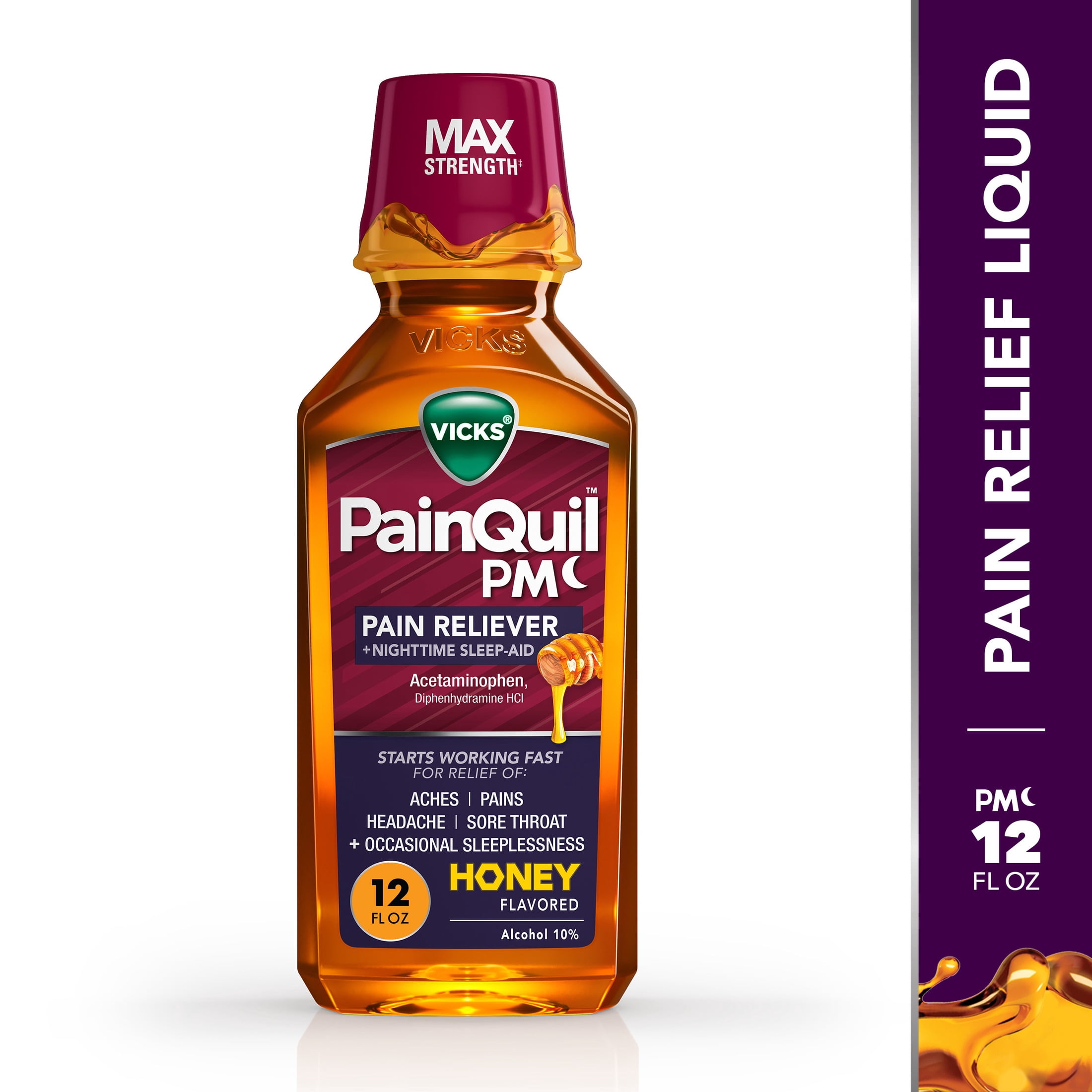 (3 pack) Vicks PainQuil PM Pain Relief and Sleep Aid Liquid, Acetaminophen 1000mg, Honey, 12 fl oz