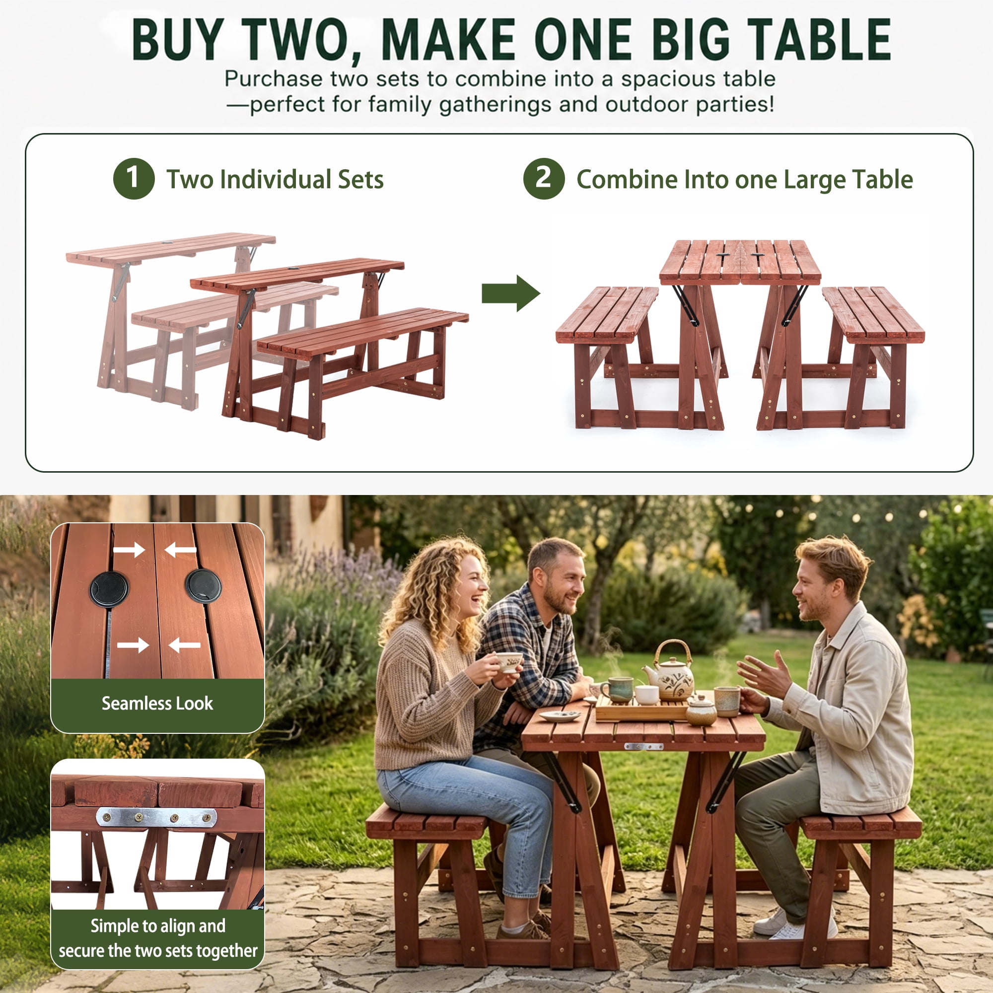 2-in-1 Convertible Bench Picnic Table, Outdoor Folding Dining Set with Backrest & Umbrella Hole, Solid Wood Waterproof & UV Resistant, For Backyard, Patio, Garden, Park Walkway