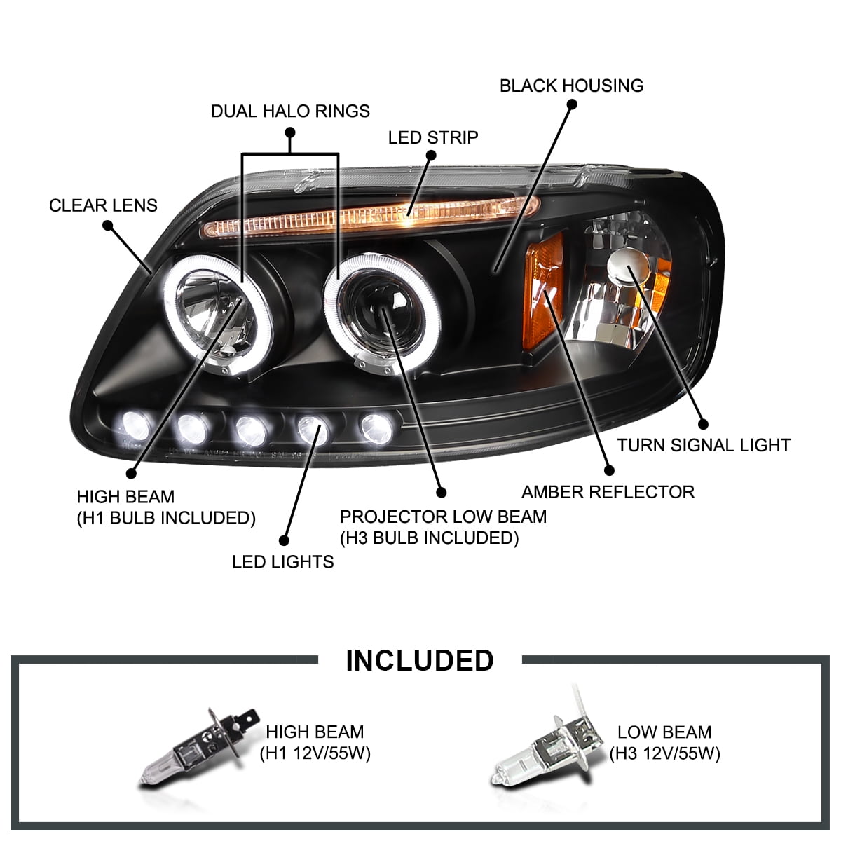 Spec-D Tuning Halo LED Projector Headlights for 97 to 02 Ford