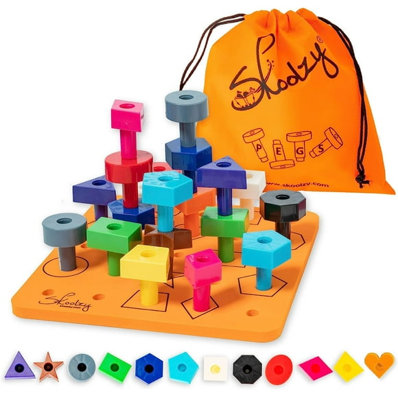 Skoolzy Tablero de clavijas para niños pequeños 38 piezas con libro electrónico - Tablero de clavijas para niños pequeños - Tablero de clavijas apilable - Juguete de reconocimiento de formas y combina