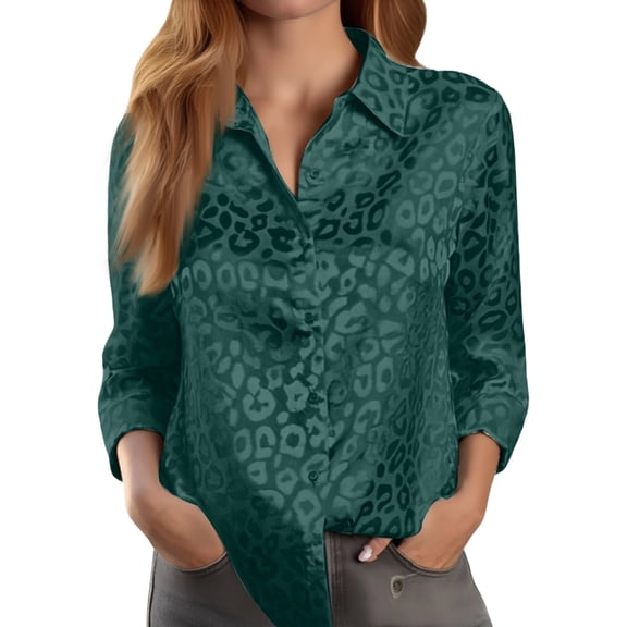 Hearthz Womens Long Sleeve Leopard Jacquard Button Down Shirts Satin Work Business Casual Shirt Blouse Tops,Dark Green XXL