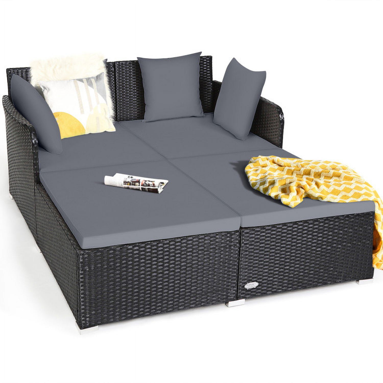 Aimee Lii Spacious Outdoor Rattan Daybed with Upholstered Cushions and Pillows, Outdoor Deck Furniture, Gray Aimee Lii Spacious Outdoor Rattan Daybed with Upholstered Cushions and Pillows, Outdoor Deck Furniture, Gray