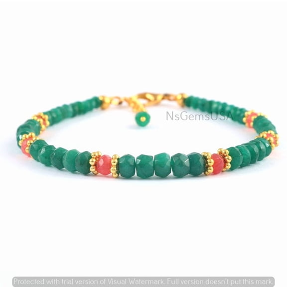 Emerald & Ruby Beaded Bracelet: Sterling Silver, Handmade Jewelry