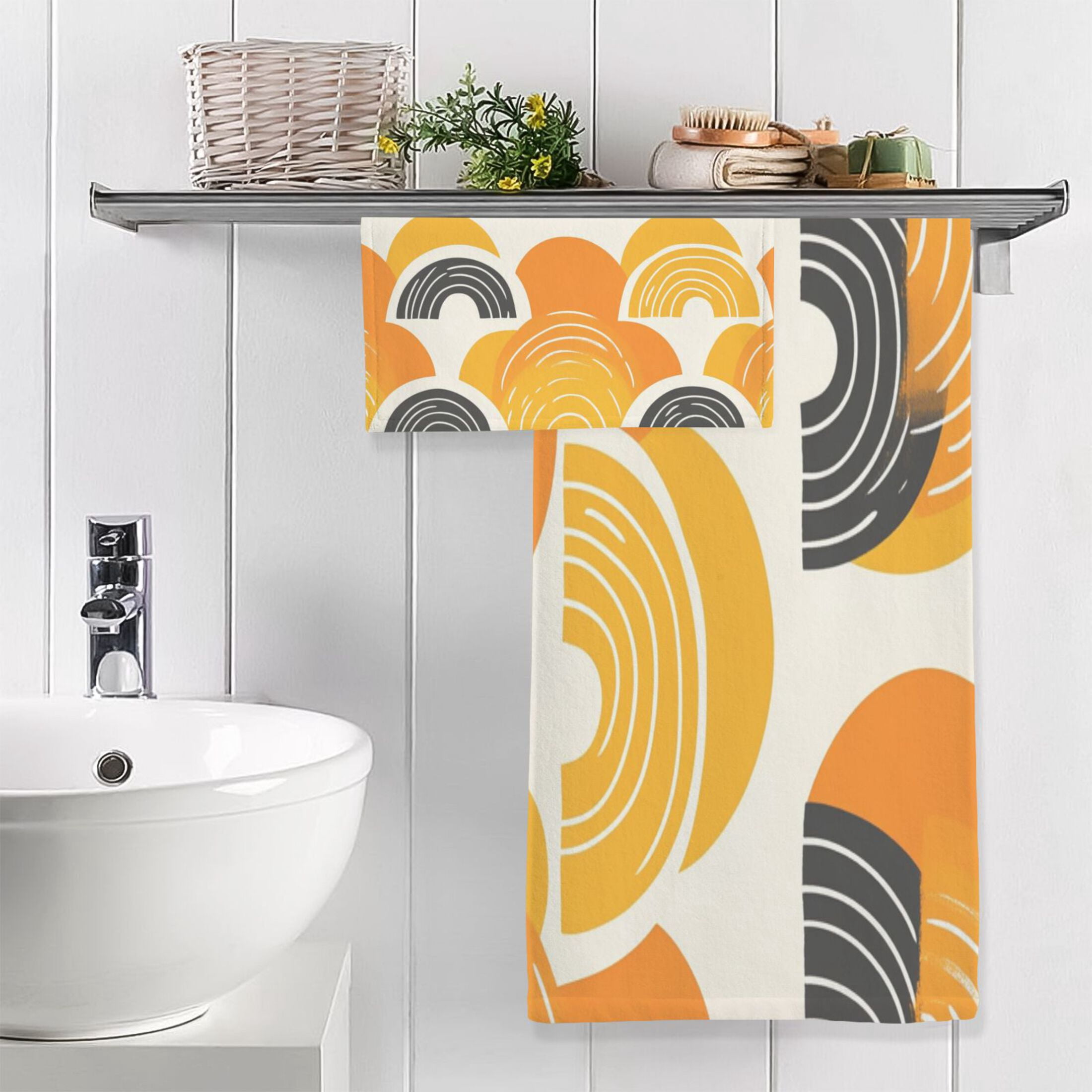 Orange Color Pattern 2 Piece Cotton Bath and Face Towel Set Soft and Absorbent, for Beach Pool Bathroom