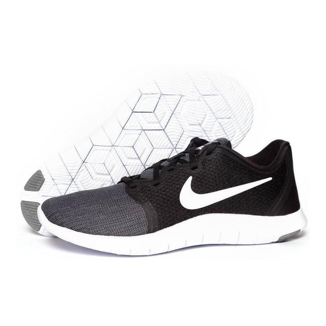 tenis nike flex contact 2 para hombre aa7398-013 negro 28 zapatilla deportiva con parte superior de malla transpirable negra y puntera gris, logo Swoosh blanco lateral; suela blanca de espuma con ranuras flexibles y caucho gris en talón, vista lateral 3/4; también indicada para caminatas ligeras y uso diario.