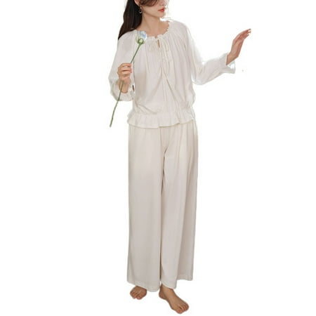 

Homgro Women s Long Sleeve Pajamas Set Victorian Vintage Ruffled Pj Set 2 Piece Sleepwear Pleated White Medium