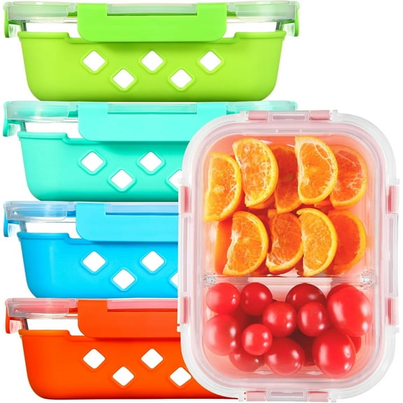 Divided Glass Storage Containers with Silicone Sleeve for Lunch, Glass Meal Prep Containers 2 Compartment with Lids (5 Pack, 34oz), Leak-Proof Portion Control Food Containers, Dishwasher Safe