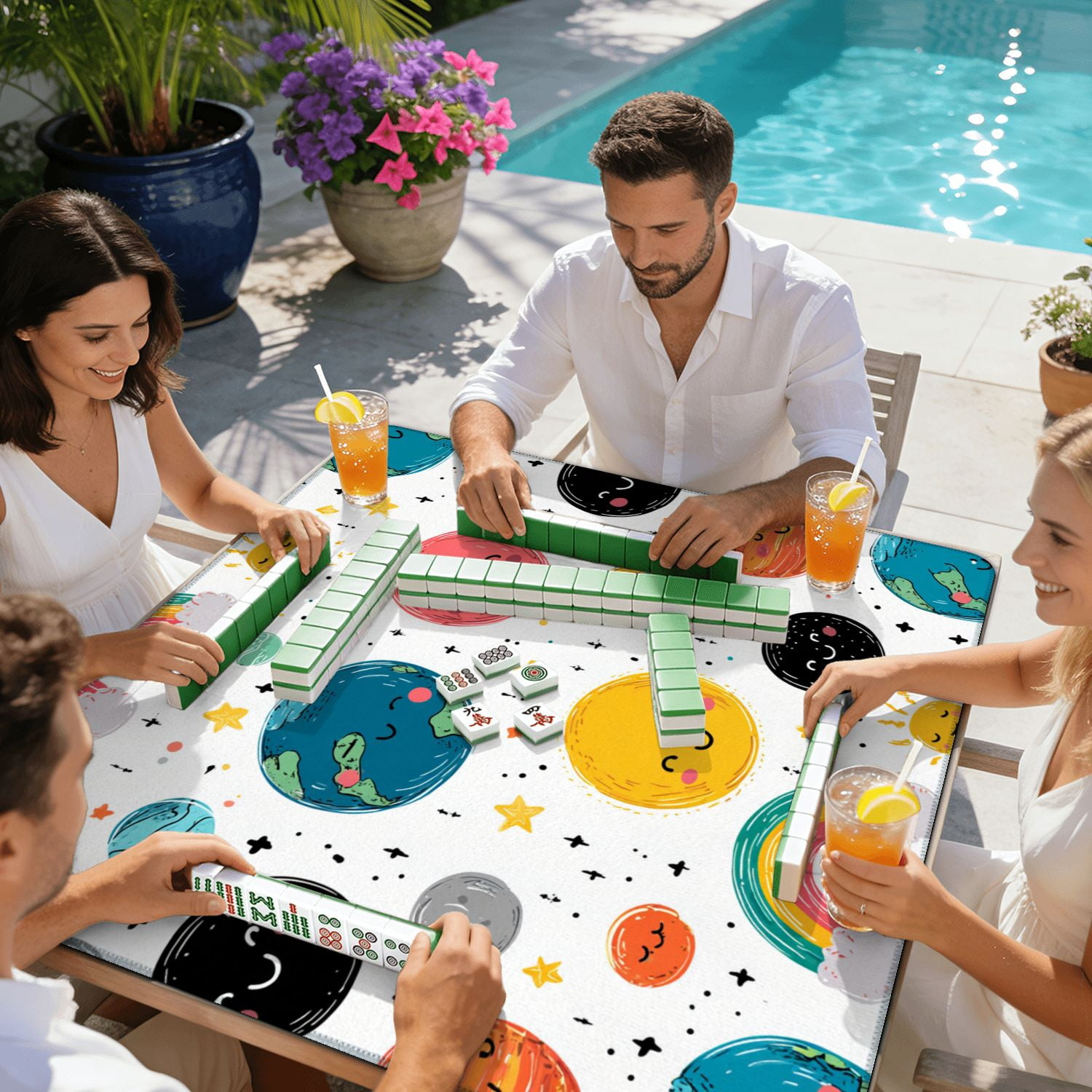 Mahjong Mat 31.5" x 31.5" Space Seamless Planets Solar System Sun Meteorite Non-Slip Noise Reduction American Mahjong Tiles Table Cover for Dominoes Poker Card Board Games Gift