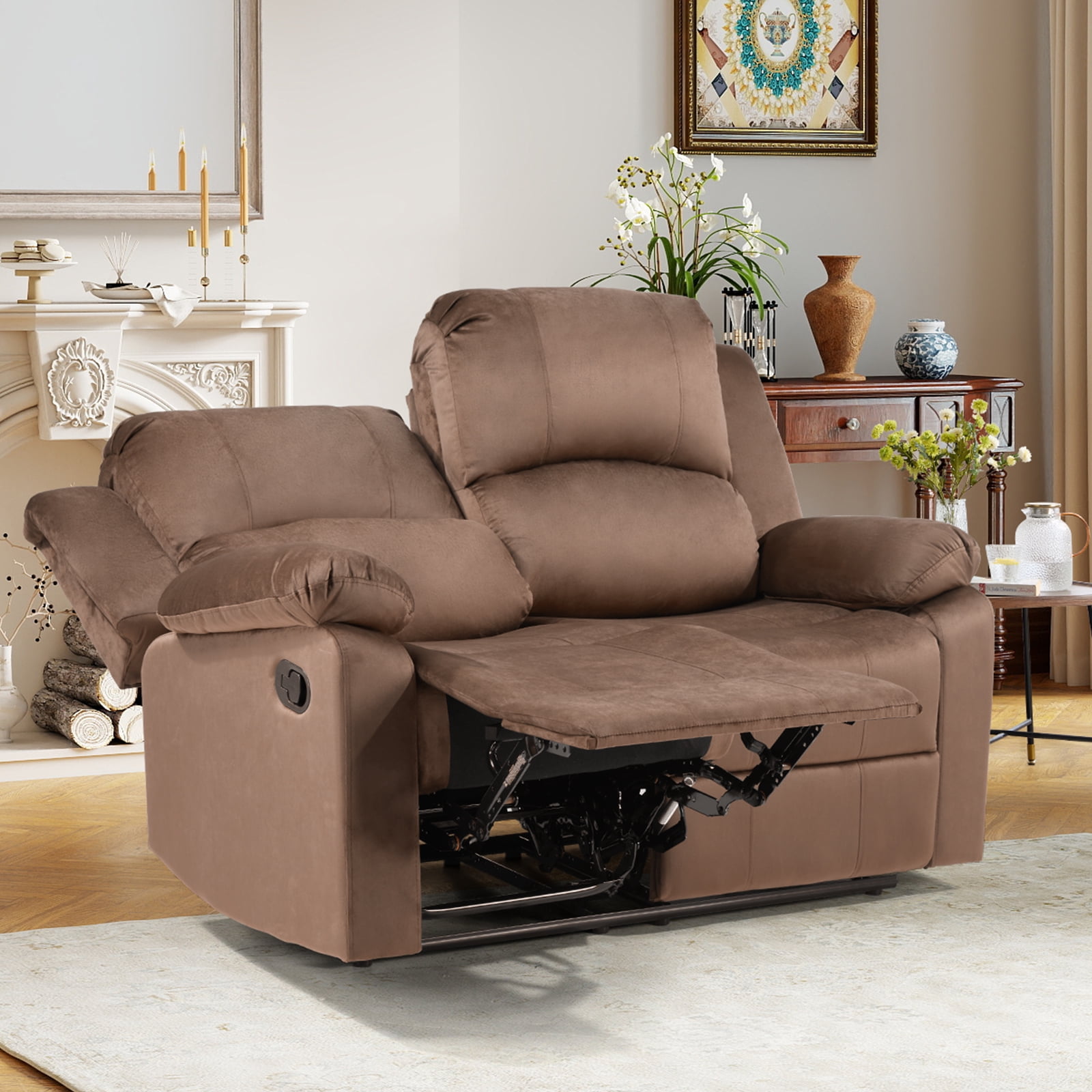 Bonzy Home Manual Loveseat Recliner Sofa — Soft 2-Seat Reclining Couch with Overstuffed Arms & Back, Brown