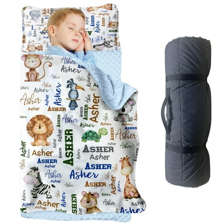 AOLOA Custom Name Lion Nap Mat for Toddlers – Cartoon Animals Sleeping Bag Blanket for Daycare & Preschool Kids – Portable & Machine Washable(Cushions + Pillows22.5 x55 +Blanket size: 33.5 x 45 )