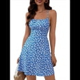 thumbnail image 3 of Robe Courte d'Été pour Femme à Petites Fleurs, Dos Nu, Dos à Nouer, Sans Manches, Bleu, TG, 3 of 10