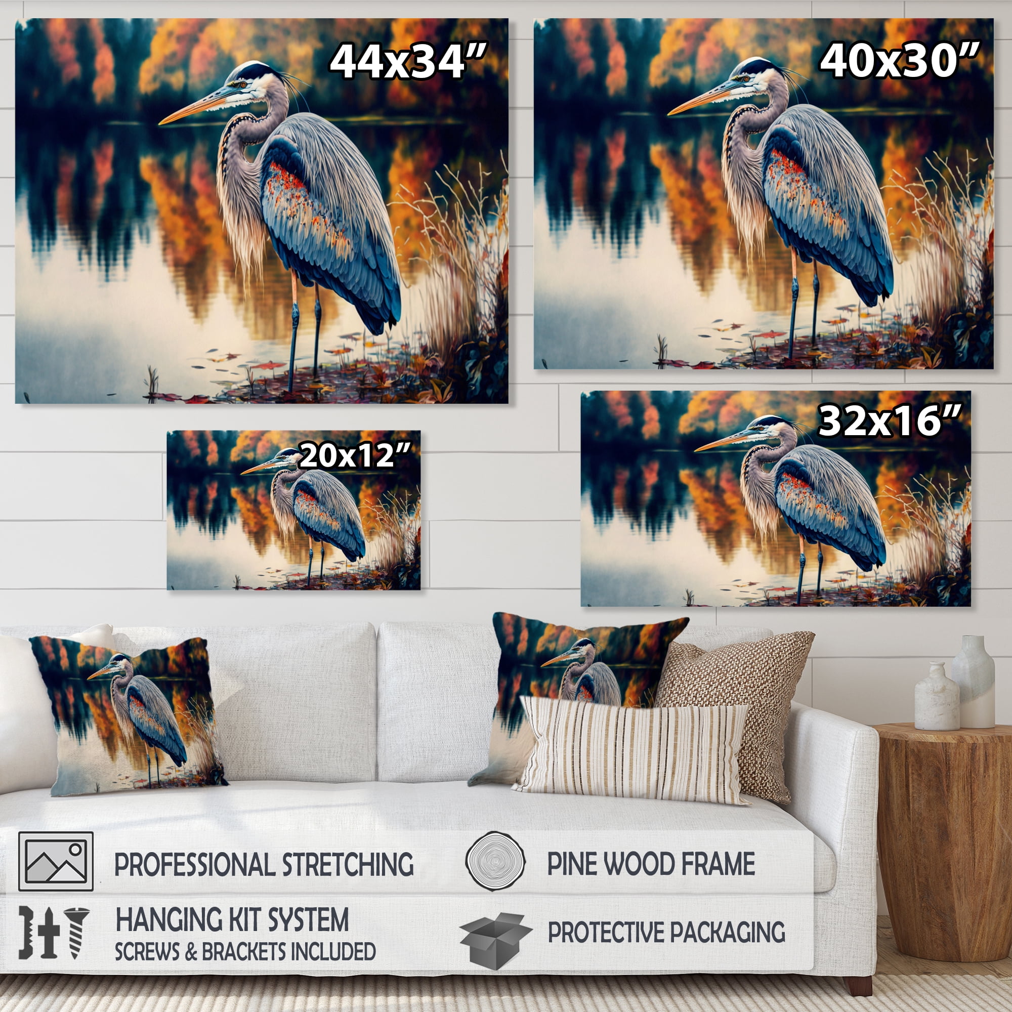Designart Vibrant Heron In A Lake Floral Art III Canvas Wall Art