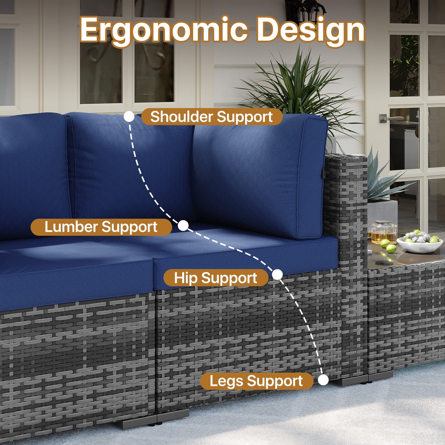 BaPiPro 7‑Piece Modular Outdoor Patio Furniture Set, Gray Wicker Sectional Sofa with Thickened Navy Blue Cushions & Coffee Table, All‑Weather for Backyard, Porch, Deck & Balcony